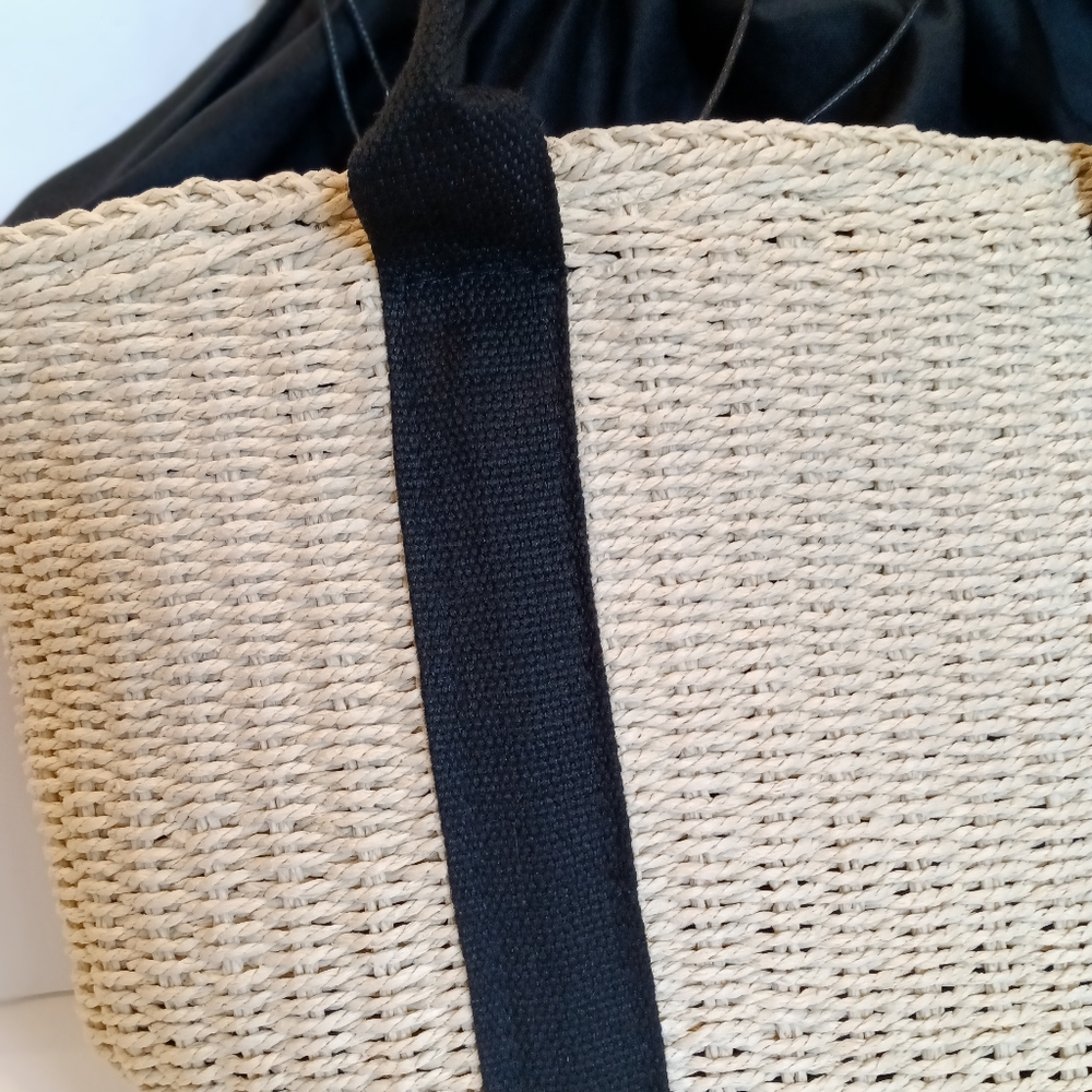Woven Seagrass Tote Bag with Black Web Handles & Drawstring Lining - Picture 4 of 10
